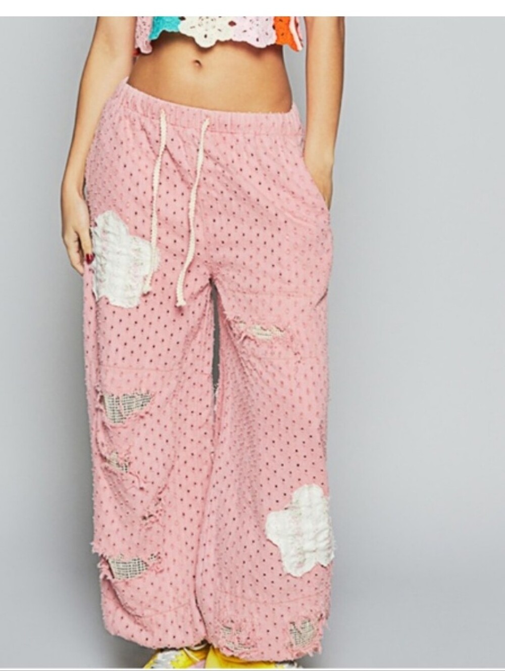 #295. POL Texture Pink and White Floral Patch Jogger Pants.